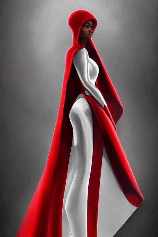 Prompt: detailed beautiful noun in opened white gold red coat, seductive confident pose, attractive feminine curves, intricate details, afrofuturism, futuristic, alien, elegant cape, elegant, photorealism, trending on artstation, holy halo, advanced technology, art by moebius and vitaly bulgarov and chanthara