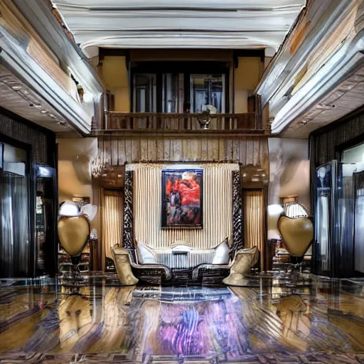 Prompt: photo in an empty hotel lobby steaming cup of cappuccino on a low table croissant on a plate coffee spoon on a napkin, liminal, diffuse light, hdr, dslr