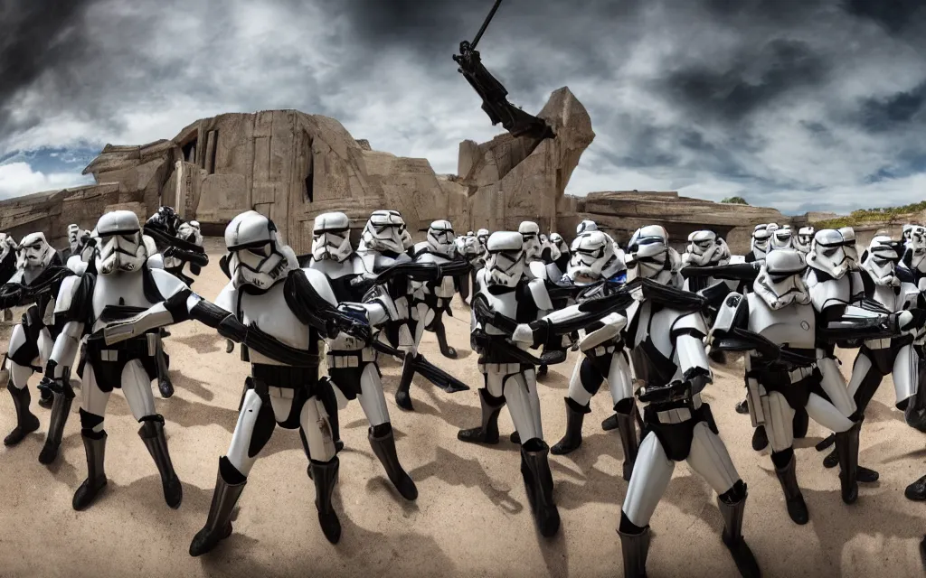 Prompt: anakin after turning to the dark side storming the Jedi temple with an army of clone troopers, wide angle lens shot, hdr