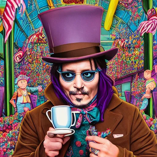 Image similar to Johnny Depp is covered in a blanket and drinking tea in Willy Wonka's Chocolate Factory, Illustration, Colorful, insanely detailed and intricate, super detailed, by Alexis Franklin