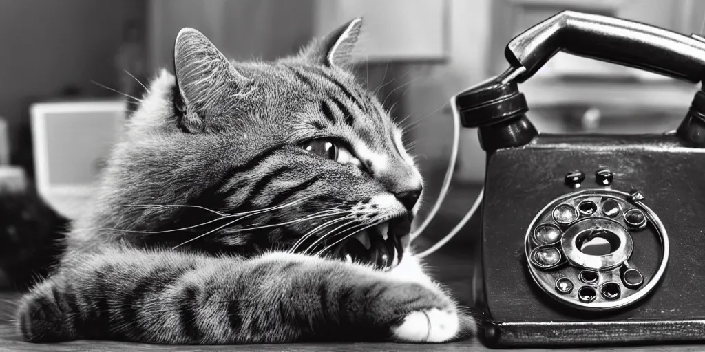 Image similar to photo of a cat laughing wide and hilariously into an old rotary phone that it is holding with its paw to its face. interior home office, at computer deist and keyboard and monitor, tec - supportt, it help, frustration, spilling coffee everywhere