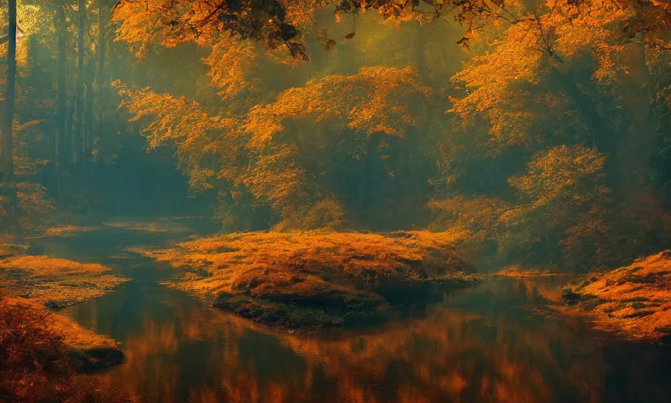 Prompt: river in a forest during the golden hour in autumn, digital art, concept art, fantasy art, highly detailed, hd wallpaper, hdr, artstation, deviantart, behance