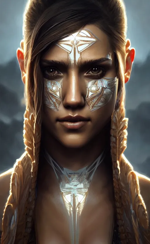 Image similar to symmetry!! portrait of jessica alba in the style of god of war, machine parts embedded into face, intricate, elegant, highly detailed, digital painting, artstation, concept art, smooth, sharp focus, illustration, art by artgerm and greg rutkowski and alphonse mucha, 8 k