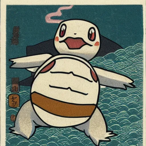 Prompt: pokemon card of squirtle, as originally printed by hokusai