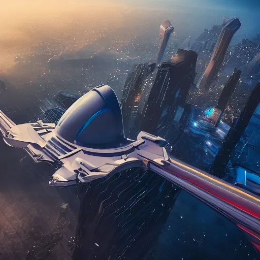 Prompt: 8k photo of a Sci-fi starship flying over a futuristic city