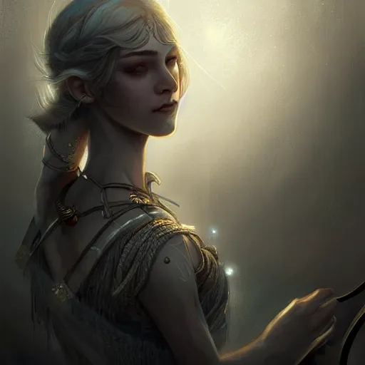 Image similar to beautiful extremely detailed intricate concept art depicting an archer by charlie bowater. shining jewelry. grey atmosphere. particles in the background. bcy. net