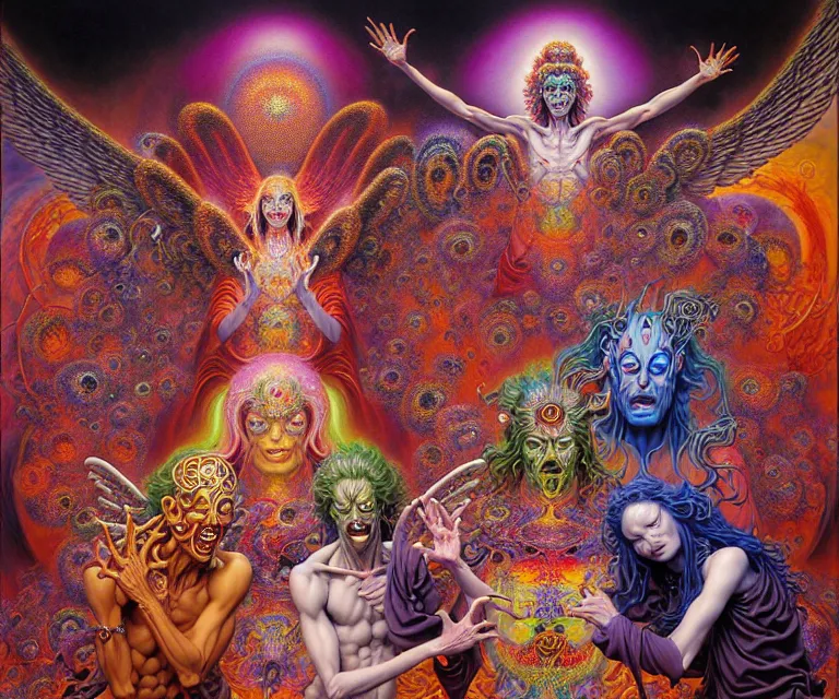 Prompt: realistic detailed image of a friendly figures of psychedelic gods, angels and demons dancing in the outer 5th dimensional field by Alex Grey, by Ayami Kojima, Amano, Karol Bak, Greg Hildebrandt, and Mark Brooks. rich deep colors. Beksinski painting, part by Adrian Ghenie and Gerhard Richter. art by Takato Yamamoto. masterpiece