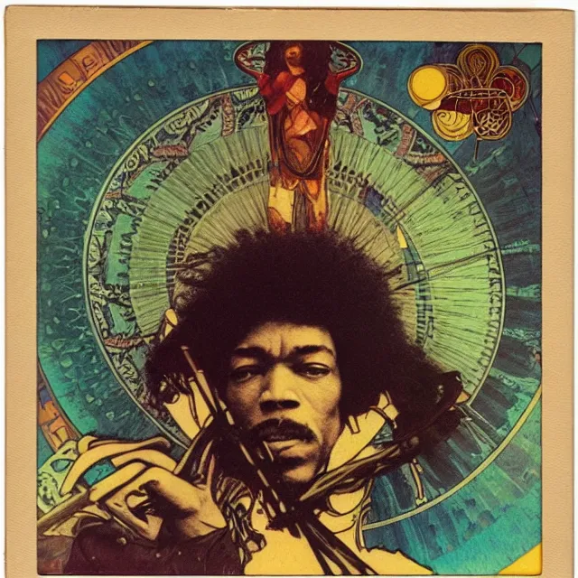 Prompt: polaroid of a vintage record cover by Franklin Booth showing a portrait of Jimi Hendrix as a futuristic space shaman, Alphonse Mucha background, star map, smoke