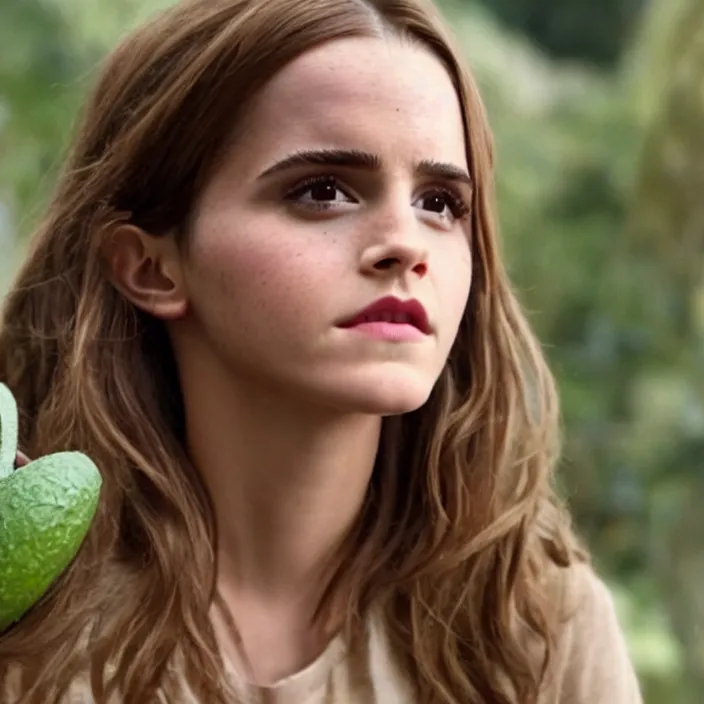 Image similar to emma watson as an avocado, movie still, 8 k