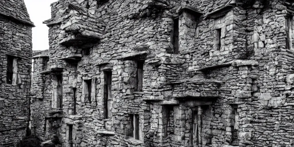 Image similar to long and tall organic stone houses, stone village, jungle, black and white photography, year 1 9 0 0, artstation, digital art