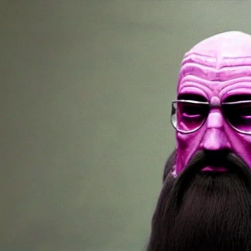 Prompt: Saruman wearing 3M superlab face shield and gas mask with pink filters on top of his head like Walter White