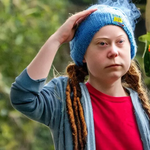 Prompt: Greta Thunberg smoking weed in rasta clothing