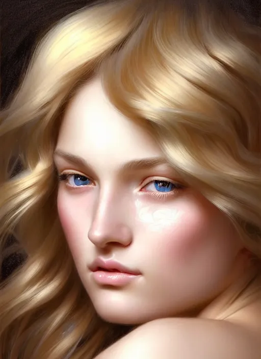 Image similar to face of feminine perfection!! concept art portrait of young wife blessed by god to uncontrollably become overwhelmingly perfect, blonde, symmetrical! intricate, sensual features, highly detailed, biblical!! holy perfection!! digital painting, artstation, smooth, sharp focus, illustration, art by artgerm and greg rutkowski and alphonse mucha