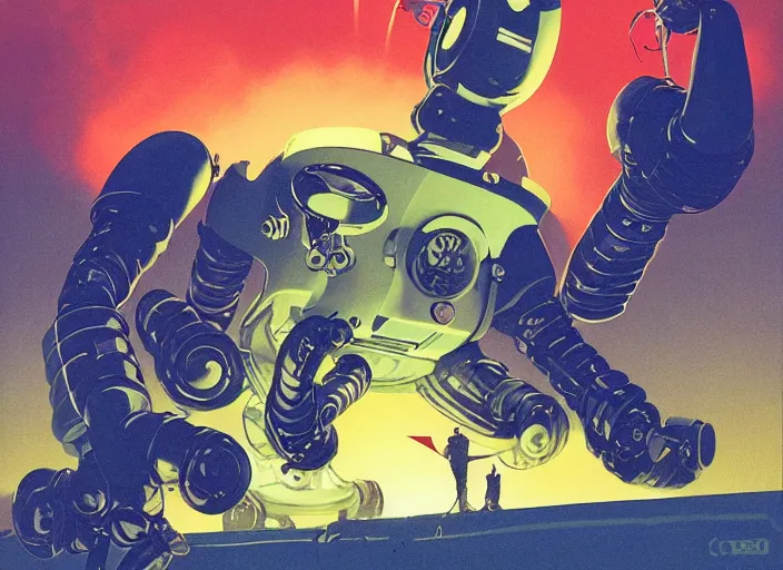 Image similar to very chunky / fat / wide vintage 5 0 s robot with a claw - arm, bright coloured alarm / control lights, fluid, smooth, organic, crazy, high contrast, sharpness, dramatic, by greg rutkowski and siudmak and richard corben and moebius