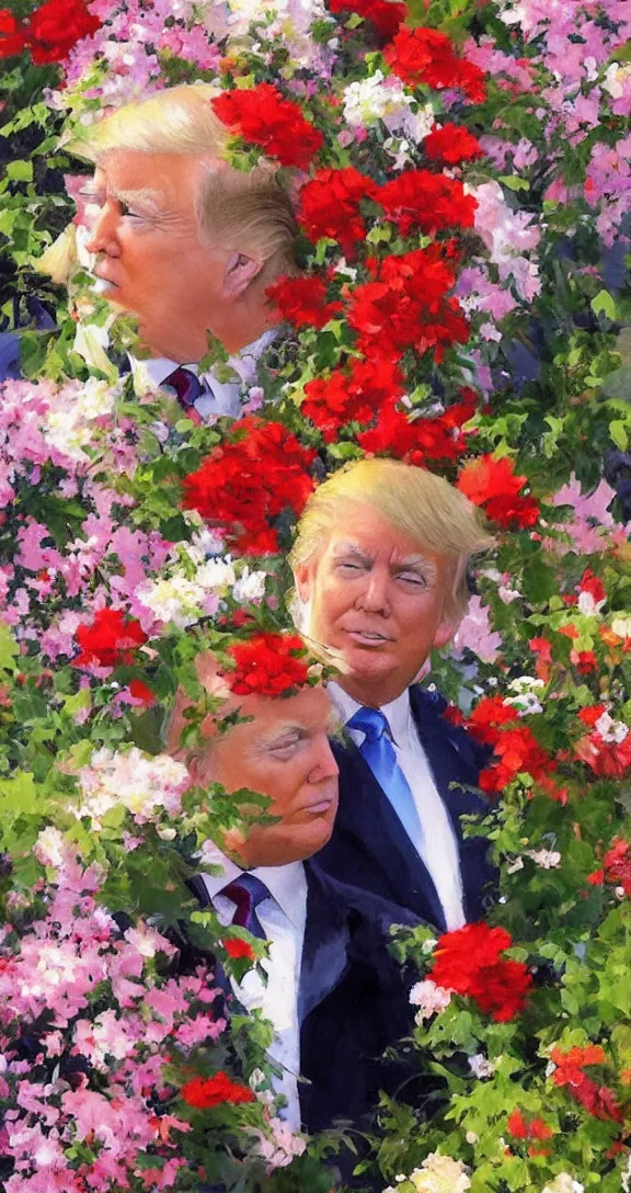 Prompt: romantic detailed portrait of donald trump surrounded by beautiful flowers, by gregory manchess, james gurney, james jean