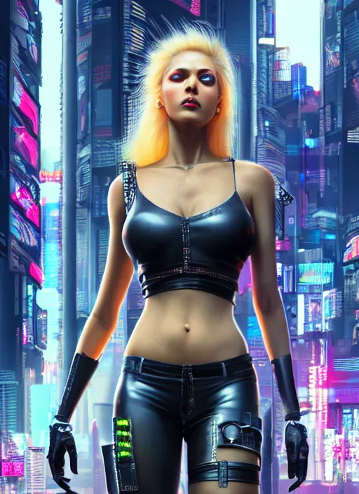 Prompt: photo of a cute blonde female in cyberpunk city, realistic, sharp focus, 8 k high definition, insanely detailed, intricate, elegant, artgerm, by greg kutkowski and vargas, high contrast dramatic lighting