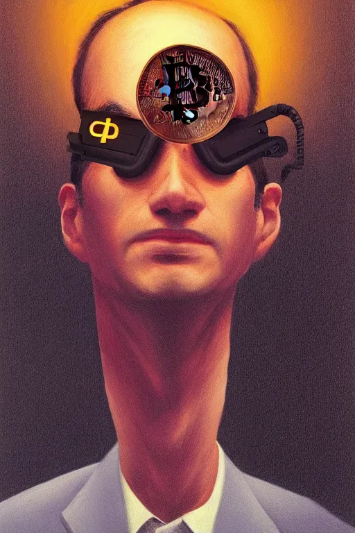 Image similar to satoshi nakamoto wearing oculus and bitcoin over his head edward hopper and james gilleard, zdzislaw beksisnski, higly detailed