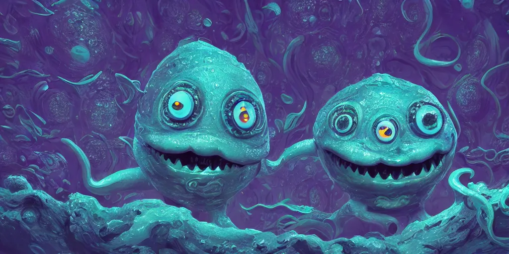 Image similar to of an intricate deep sea with strange cute friendly happy creatures with huge eyes, long tongue, round teeth and goofy funny face, appearing from the background, in the style of gehry and gaudi, macro lens, shallow depth of field, ultra detailed, digital painting, trending artstation, concept art, illustration, cinematic lighting, photorealism, epic, octane render