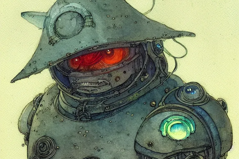 Image similar to a simple and atmospheric watercolour fantasy character concept art portrait of a mechanized android pug as a druidic warrior wizard looking at the camera with an intelligent gaze, very muted colors, by rebecca guay, michael kaluta, charles vess and jean moebius giraud