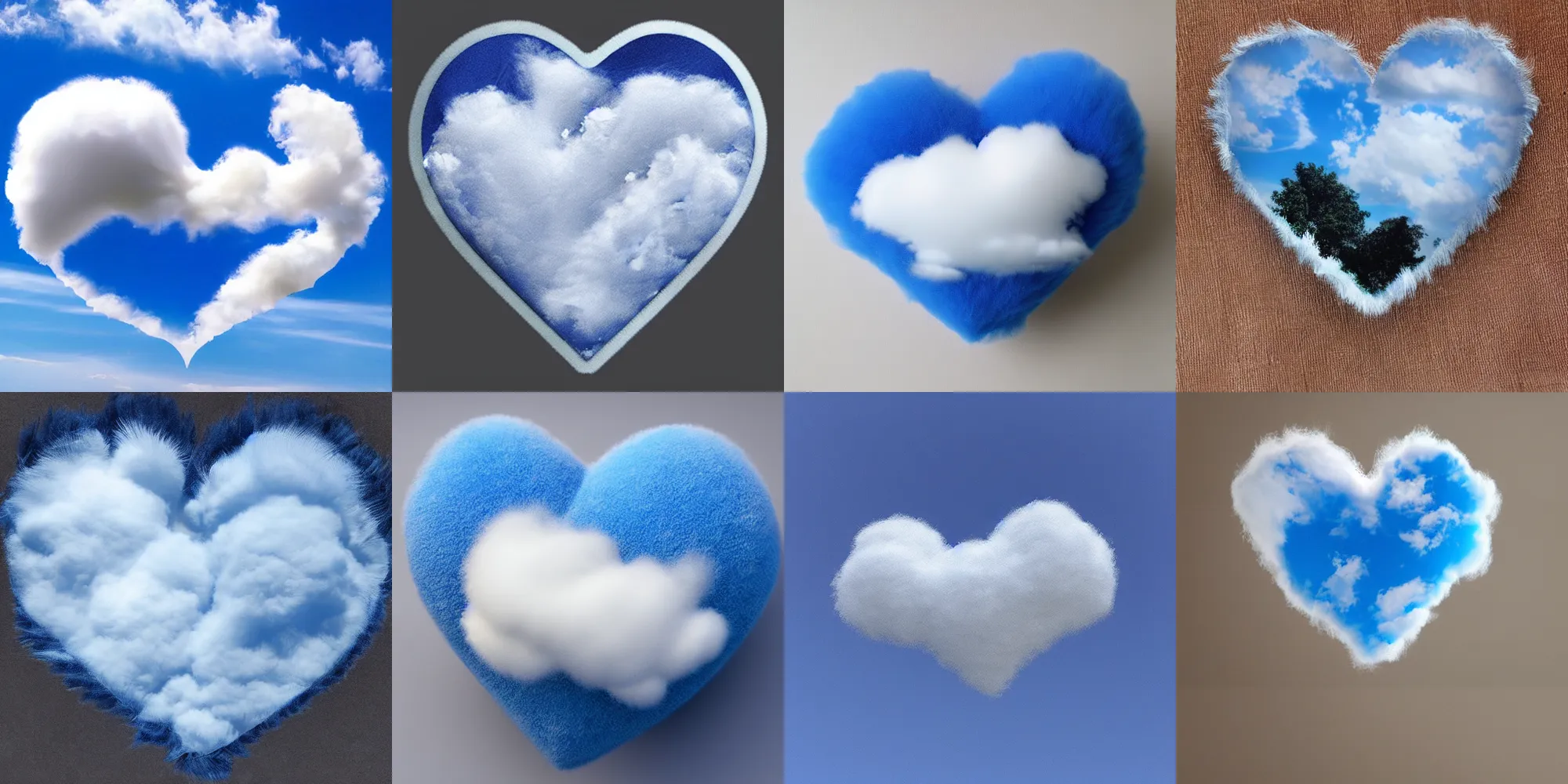 Prompt: beautiful fluffy cloud heart on blue clear sky, detailed, hyper realism, photo, realistic, soft feather, volume light, sss, view up