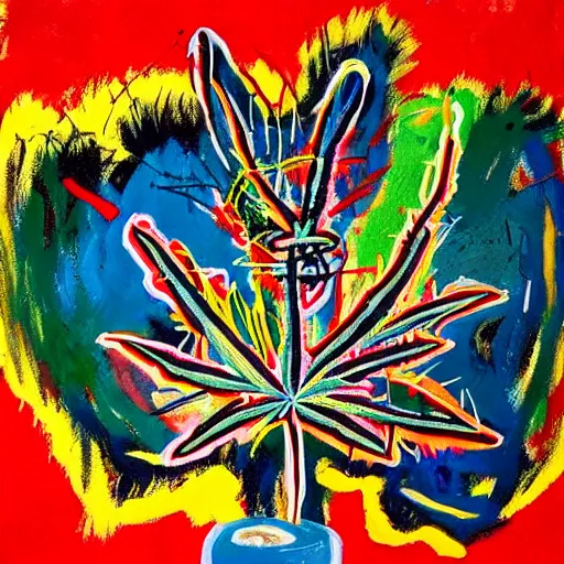 Prompt: Jean Michel Basquiat painting of beautiful psychadelic marijuana weed leaf, swirling corful smoke emerging from a pot leaf stoner Jean-Michel Basquiat