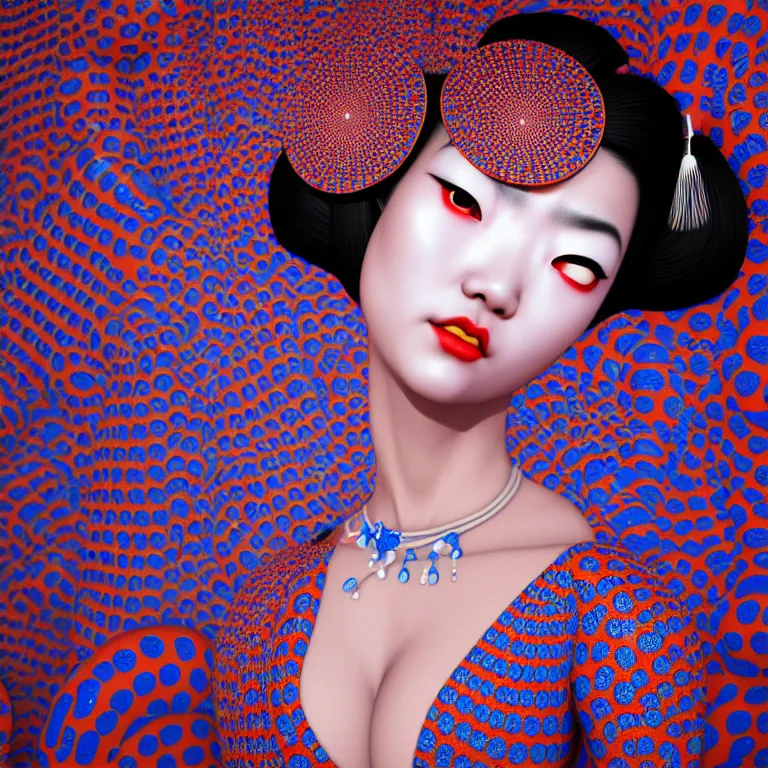 Image similar to hyperrealistic detailed image of a geisha in a art installation room, hd smooth interior by yayoi kusama, part by kei mieno, part by ross tran, dark art by james jean, ultra realistic, highly detailed, life like face, detailed body, 8 k, 3 d render by roger magrini, masterpiece