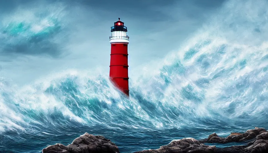 Image similar to a lighthouse being struck by a huge wave out at sea, digital art, highly detailed, realistic, bright colors, 8 k