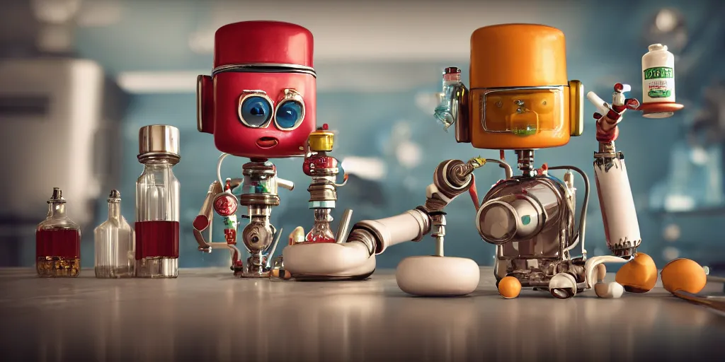 Prompt: closeup portrait of tin toy retro chemist robot mixing chemicals and cooking pastry cake in a kitchen, depth of field, zeiss lens, detailed, centered, fashion photoshoot, by nicoletta ceccoli, mark ryden, lostfish, breathtaking, 8 k resolution, extremely detailed, beautiful, establishing shot, artistic, hyperrealistic, octane render