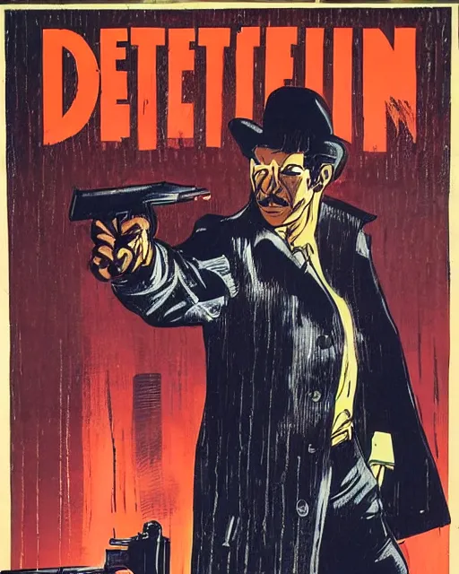 Image similar to detective with gun, wearing trenchcoat, 1 9 7 0 s los angeles, rainy, artwork by frank miller