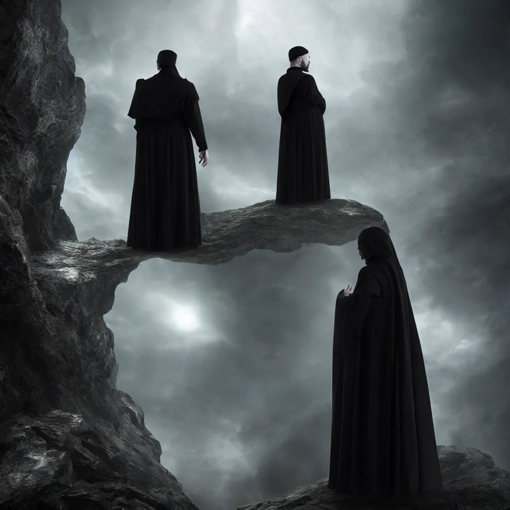 Prompt: A dark deity in a cassock rises over the abyss, dark and mysterious, atmospheric, cinematic, 4k, ultra detail, ultra realistic