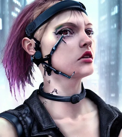 Image similar to detailed realistic female character cyberpunk wearing thick technological collar around neck, realistic, art, beautiful, 4K, collar, choker, collar around neck, punk, artstation, detailed, female, woman, choker, cyberpunk, neon, punk, collar, choker, collar around neck, thick collar, tight around neck, punk,