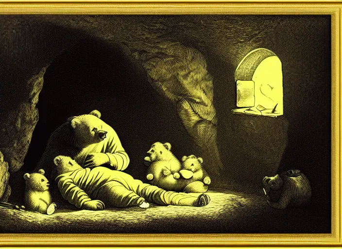 Image similar to Pieter Claesz's 'a bear and her cubs sleeping in a dark cave, lit by hole in roof', night time, cross hatching, framed, monochrome, yellow