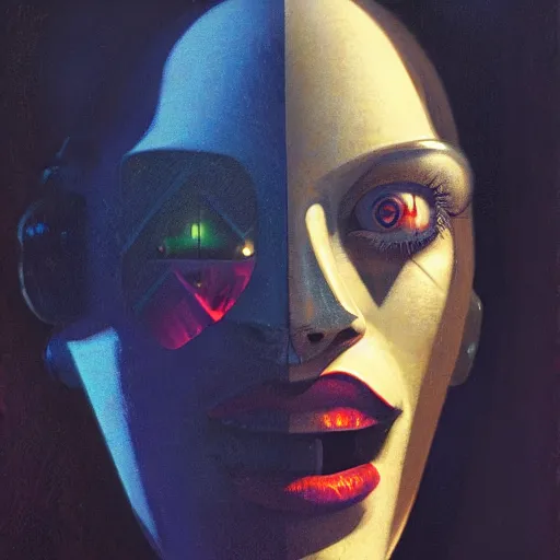 Prompt: detailed face of a synthetic human, clockwork woman, moment, tectonic sky, skydome, bullet train, tech noir, wet reflections, prism, atmospheric, ambient, pj crook, syd mead, livia prima, greg rutkowski, edward hopper