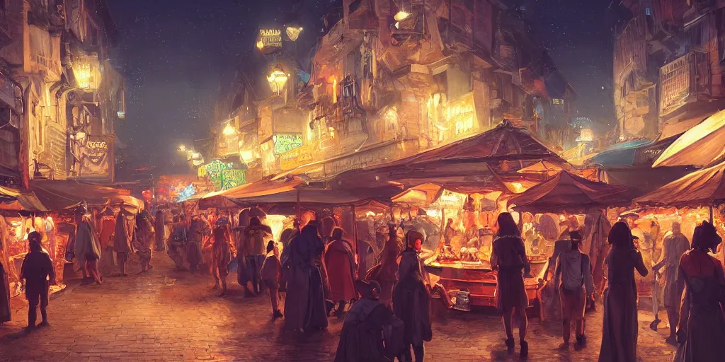 Image similar to a busy fantasy street night market from within a fascinating old city, by Sylvain Sarrailh, by Sebastian Luca, by Nicodemus Yang-Mattisson, cinematic, simple but effective composition, clean lines, beautiful digital painting, oil painting, dungeons and dragons, lord of the rings