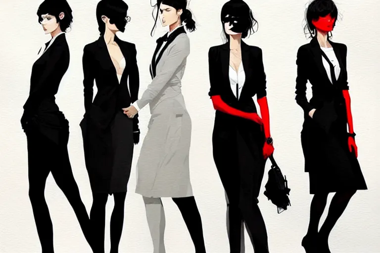 Prompt: a ultradetailed painting of three women in black suits with ties, by conrad roset, greg rutkowski and makoto shinkai trending on artstation