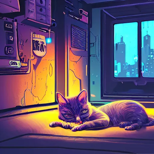 Prompt: little cat sleeping in a cyberpunk world, hyper realistic, realistic, neon