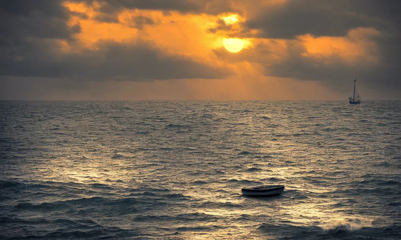 Prompt: eerie sun setting over stormy sea, photo realistic, hyperreal, bough of boat in foreground