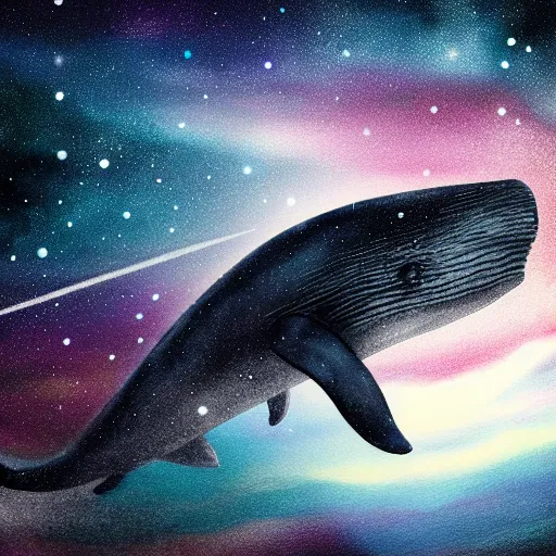 Prompt: close up portrait of space whale on a dark night sky in space, flying across the universe, oniric, dreamy, beautiful, highly detailed, realistic, cinematic, dynamic composition