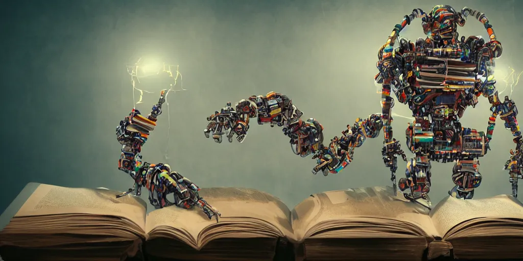 Image similar to A frightening multi armed evil robot devouring books with pipes and tubes and pages floating down, hyperealistic very colourful hdr cinematic lighting cgi render photorealistic cinematic octane render  -H 768