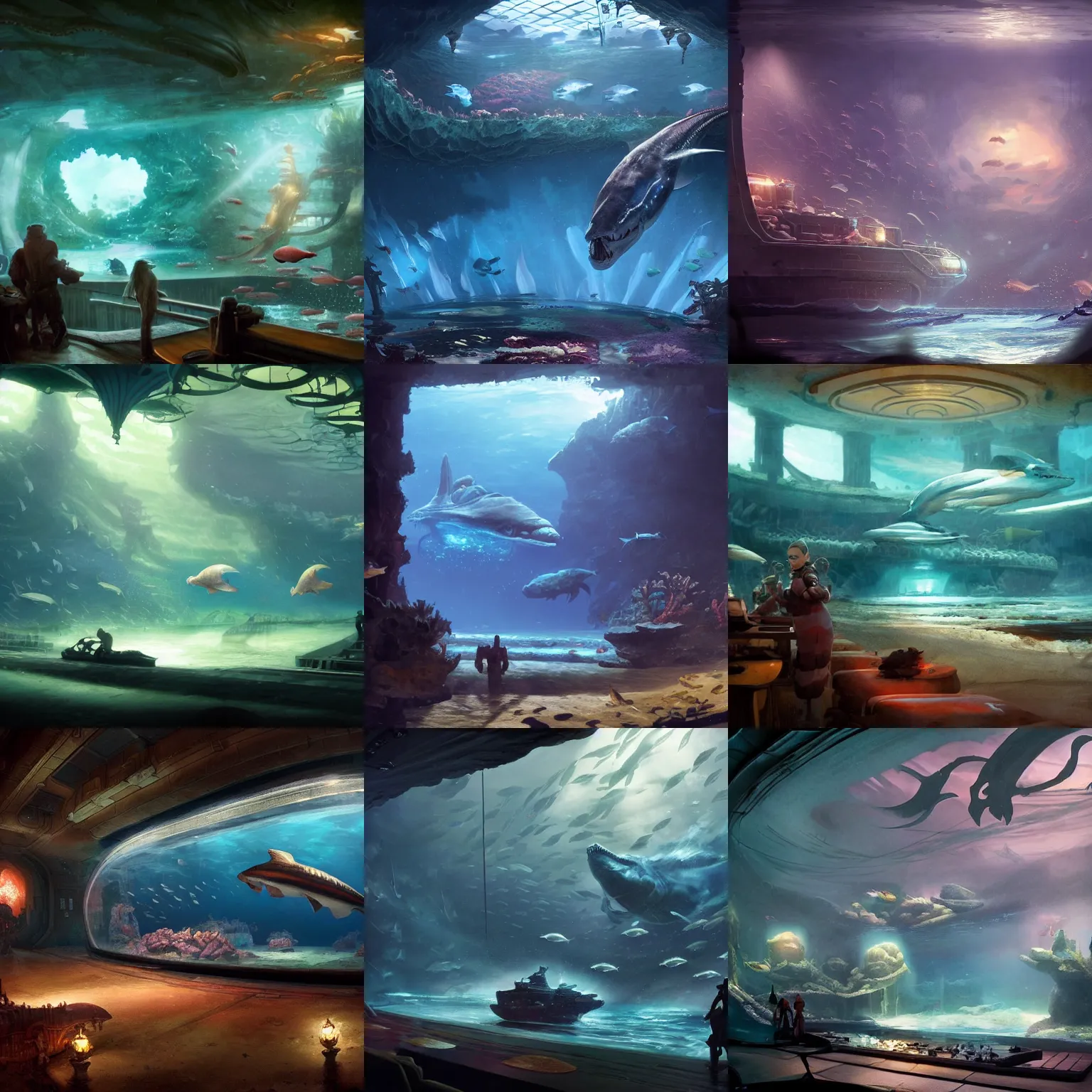 Prompt: a room with a gigantic sea aquarium with a xiphactinus ( killer fish ) and a tiny submarine, ambient lighting, fantasy, by greg rutkowski and ross tran, wide shot