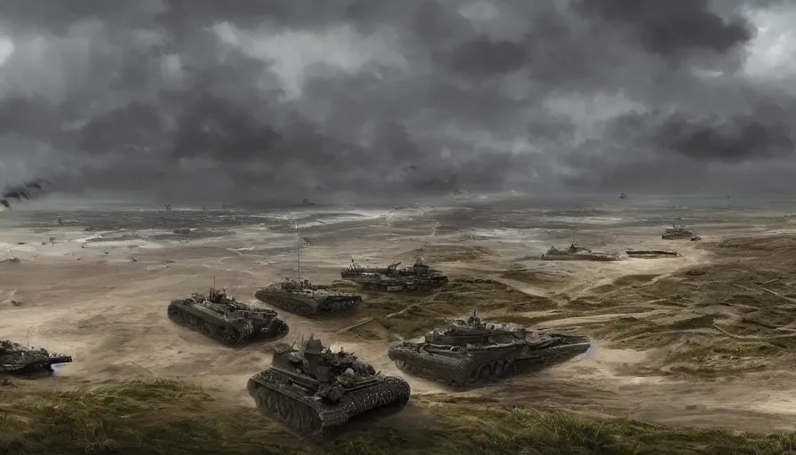 Image similar to Cinematic view of D-Day in Normandy, wide view, hyperdetailed, artstation, cgsociety, 8k