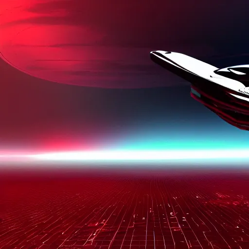 Prompt: black spaceship with red lights flying through the atmosphere concept art realistic