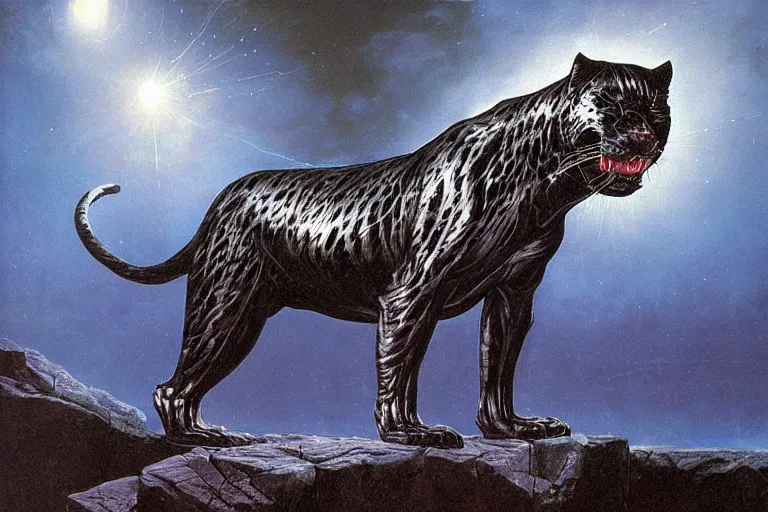 Image similar to chrome panther, metallic, contrasting neon light, volumetric lighting, by caspar david friedrich and wayne barlowe and ted nasmith