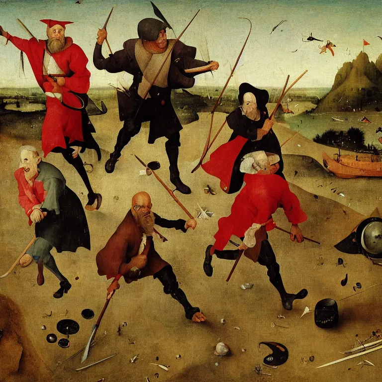 Prompt: The portrait of three half-men half-fish running away with gold from Grim Reaper who laughs and follow them, by Hieronymus Bosch and Pieter Bruegel inspired by Terry Pratchett, super detailed oil painting, hyper realistic faces, 4k, masterpiece