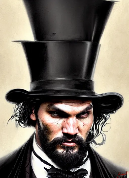 Prompt: portrait of jason mamoa wearing a top hat, victorian, concept art, detailed face, fantasy, close up face, highly detailed, cinematic lighting, digital art painting by greg rutkowski
