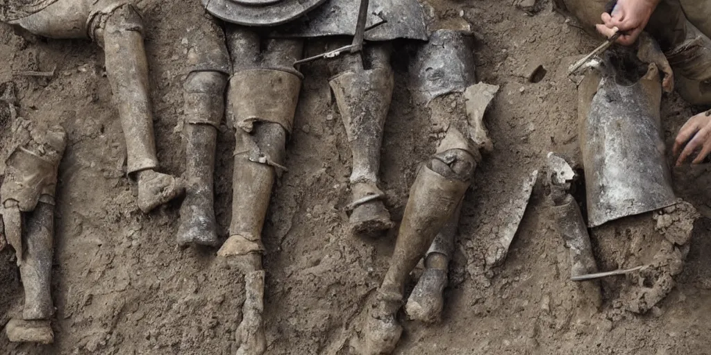 Image similar to archeological discovery of preserved remains of knights from a battle