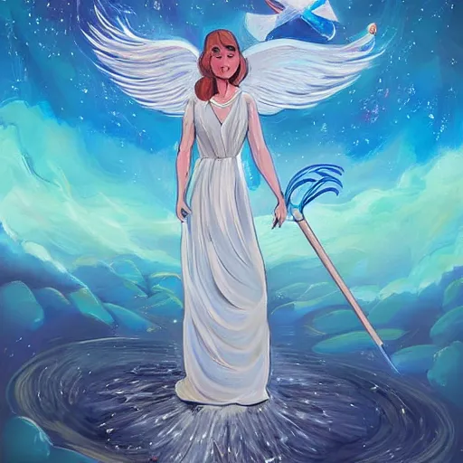 Image similar to The painting features a woman with wings made of stars, surrounded by a blue and white night sky. The woman is holding a staff in one hand, and a star in the other. She is wearing a billowing white dress, and her hair is blowing in the wind. Dexter's Lab by Anton Fadeev manmade