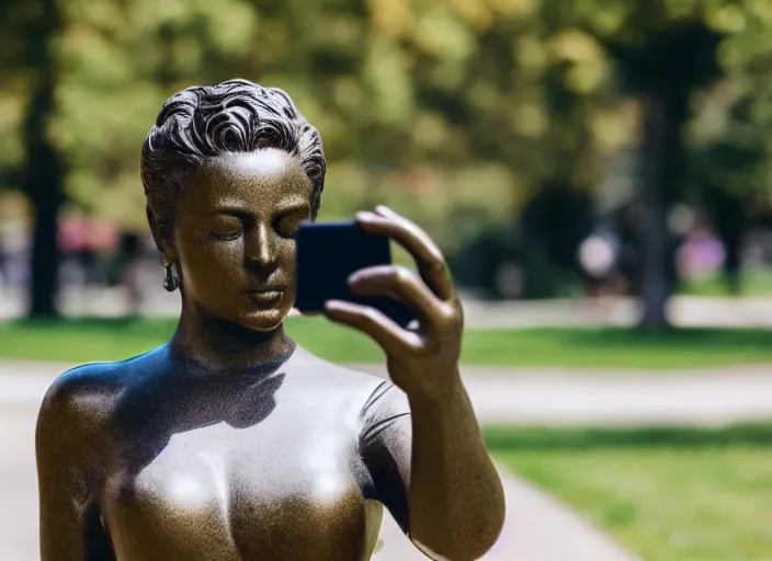 Image similar to photo still of a bronze statue of a woman using an iphone to take a selfie in a park on a bright sunny day, 8 k 8 5 mm f 1 6