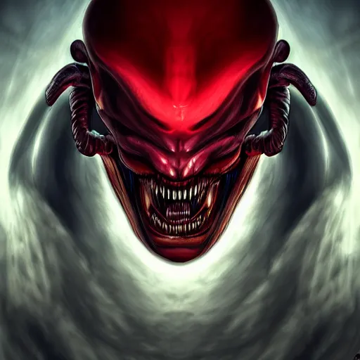 Prompt: portrait of an intimidating glowing scary giant, face and skin is dark red, glowing eyes, glowing veins of white, hero, villain, concept art, xenomorph, centered