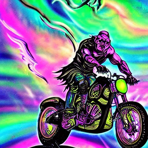 Image similar to psychedelic blacklight airbrush artwork, hyper stylized action shot of an orc biker riding a motorcycle, airbrushed on a black background